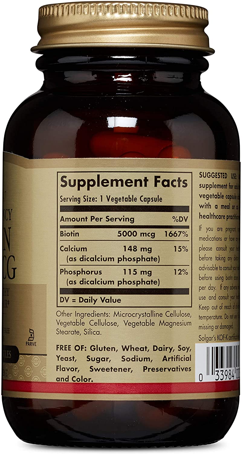 Solgar Biotin 5000 mcg - 50 Vegetable Capsules - Supports Healthy Skin, Nails &amp; Hair - Non-GMO, Vegan, Gluten Free, Dairy Free, Kosher - 50 Servings