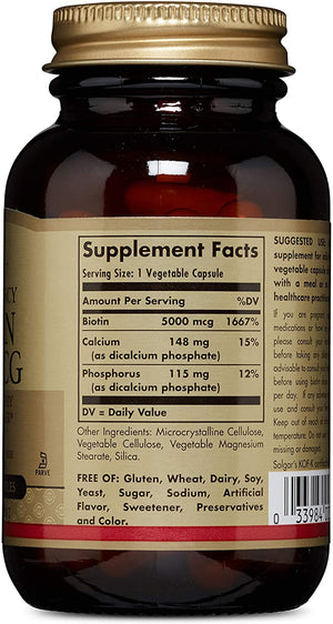Solgar Biotin 5000 mcg - 50 Vegetable Capsules - Supports Healthy Skin, Nails & Hair - Non-GMO, Vegan, Gluten Free, Dairy Free, Kosher - 50 Servings