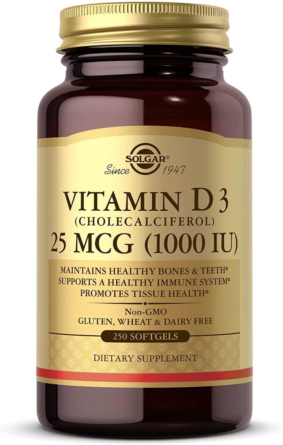 Solgar Vitamin D3 Cholecalciferol 25 MCG 1000 IU Softgels Helps Maintain Healthy Bones Teeth Immune System Support NonGMO Gluten Free Dairy Free Servings, Unflavored, 250 Count