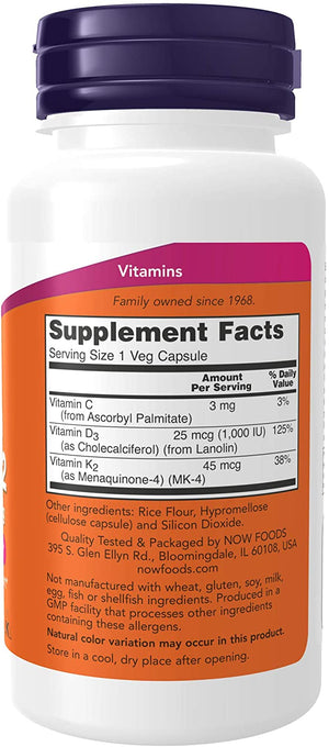 NOW Foods Vitamin D-3 & K-2, 120 Vegetarian Capsules