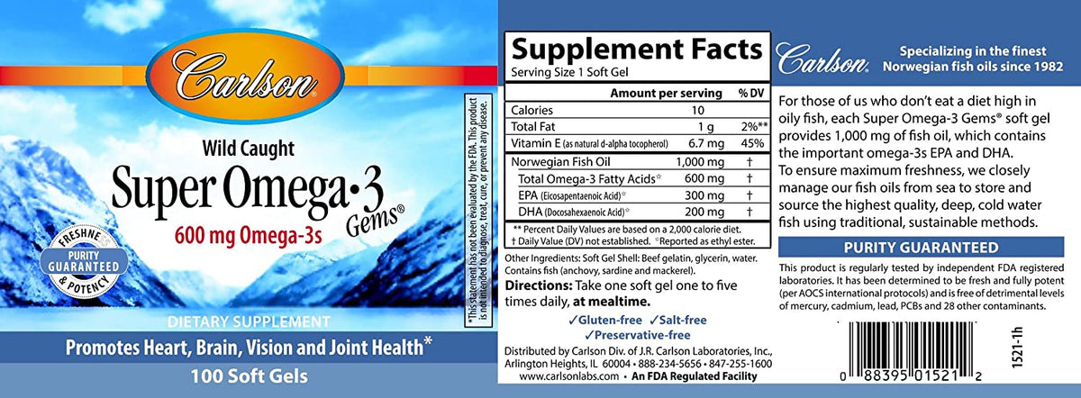 Carlson Super Omega-3 Gems, Norwegian, 1,200 mg Omega-3s, 100 Soft Gels