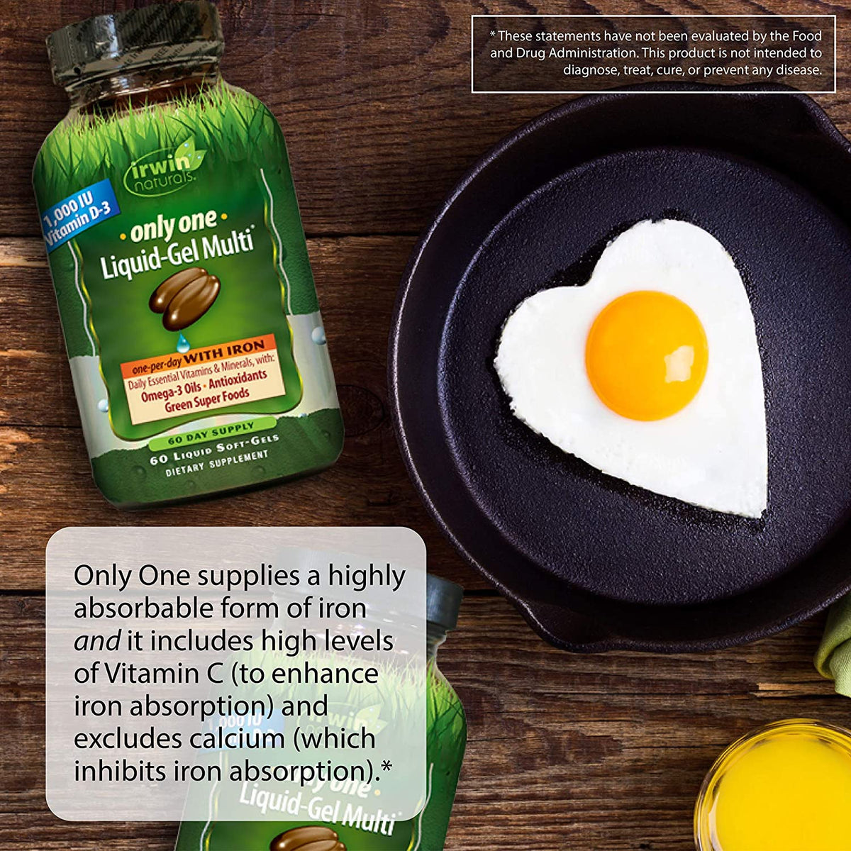 Irwin Naturals Only One Liquid-Gel Multi with Iron - 60 Liquid Softgels - Daily Essential Vitamins, Minerals, Antioxidants, Omega-3s &amp; Green Super Foods