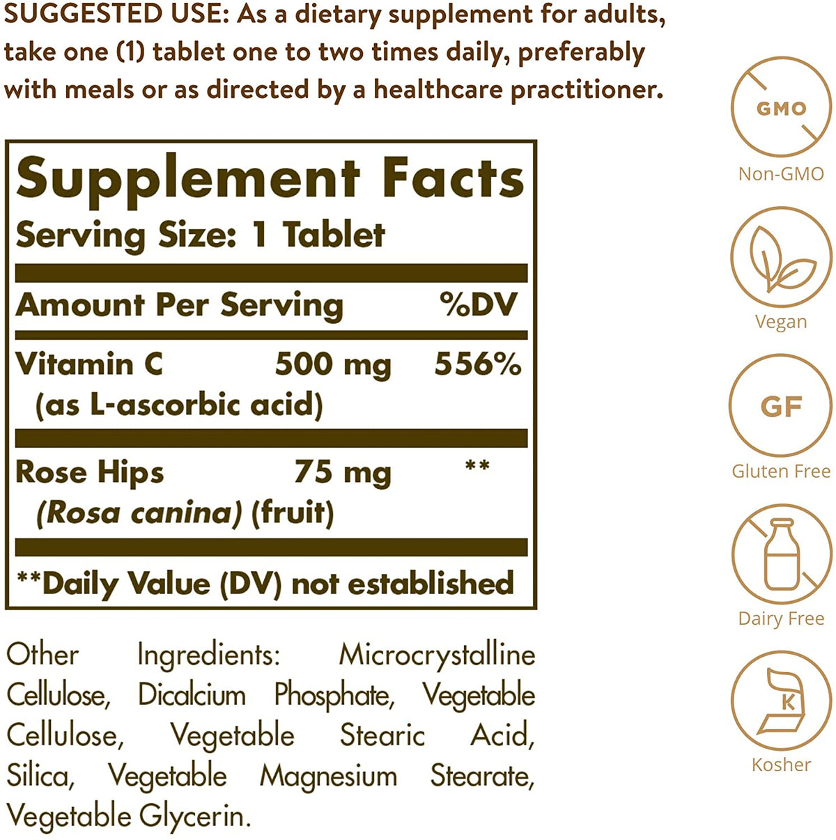 Solgar Vitamin C 500 mg with Rose Hips, 250 Tablets - Antioxidant &amp; Immune Support - Overall Health - Supports Healthy Skin &amp; Joints - Non GMO, Vegan, Gluten Free, Dairy Free, Kosher - 250 Servings