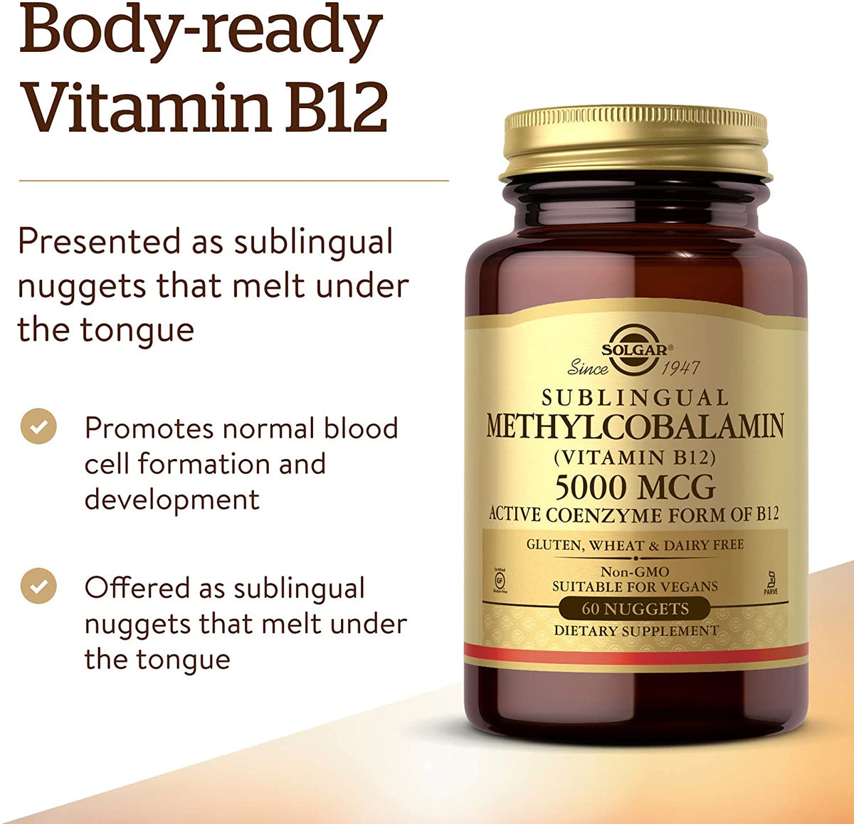 Solgar Methylcobalamin (Vitamin B12) 5000 mcg, 60 Nuggets - Cherry Flavor - Supports Energy Metabolism - Body-Ready, Active Form - Non-GMO, Vegan, Gluten Free - 60 Servings