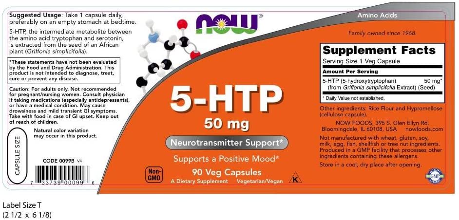 NOW Foods Supplements, 5-HTP (5-hydroxytryptophan) 50 mg, Neurotransmitter Support*, 90 Veg Capsules