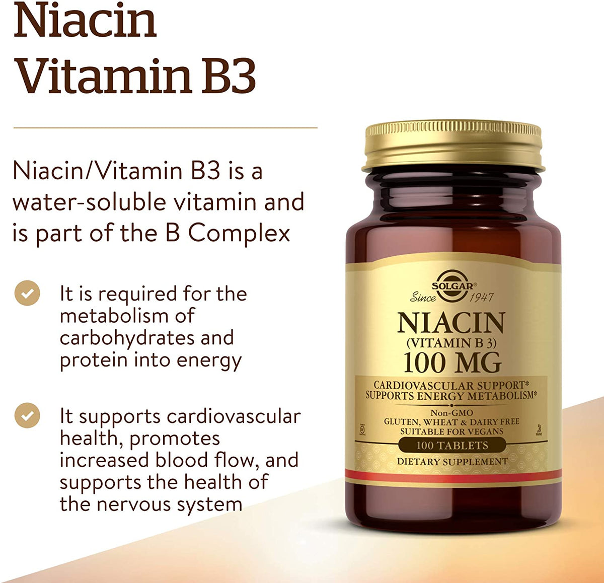 Solgar Niacin (Vitamin B3) 100 mg - 100 Tablets - Supports Energy Metabolism - Non-GMO, Vegan, Gluten Free, Dairy Free, Kosher - 100 Servings