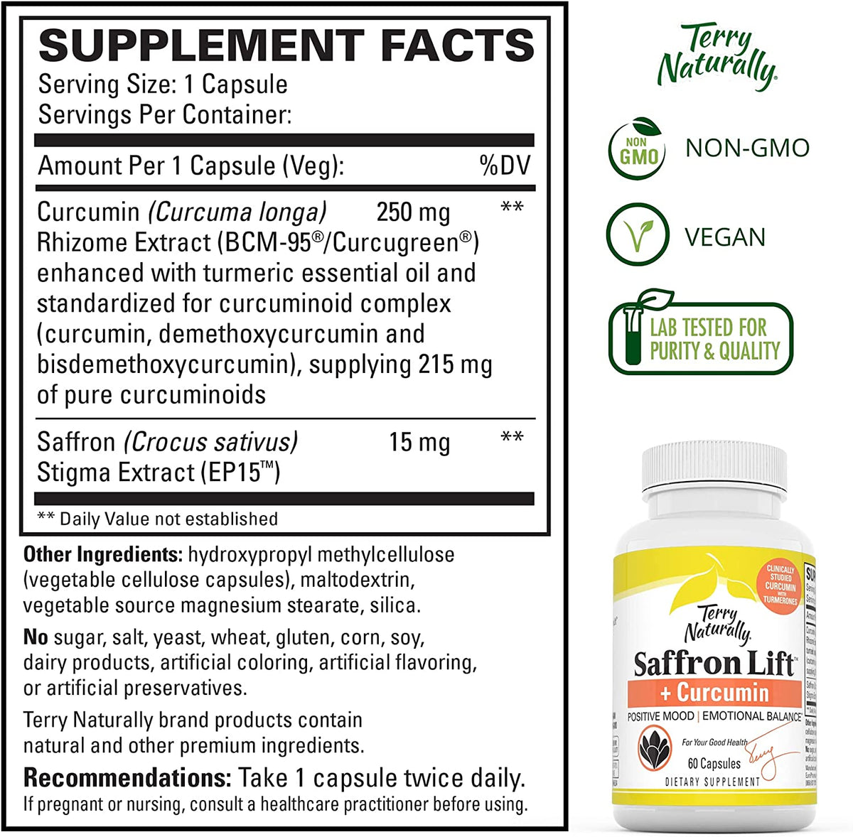 Terry Naturally Saffron Lift Plus Curcumin - 60 Vegan Capsules - Positive Mood & Emotional Balance Supplement - Non-GMO, Gluten-Free - 60 Servings
