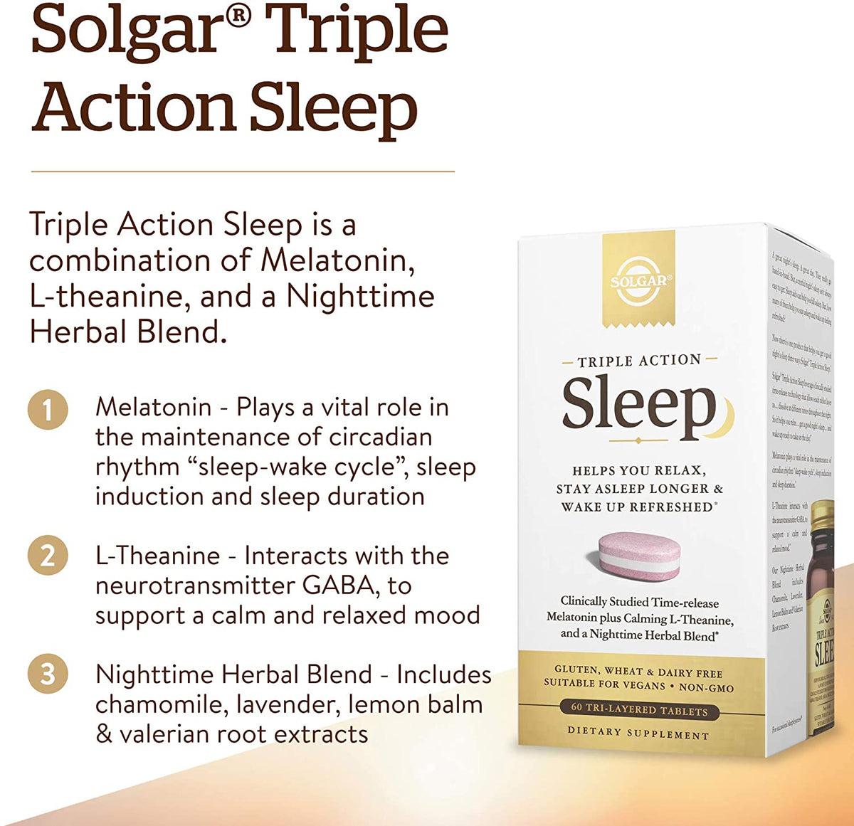 Solgar Triple Action Sleep, 60 Tri-Layer Tablets - Time-Release Melatonin &amp; L-Theanine Plus Herbal Blend - Helps You Relax, Fall Asleep Fast &amp; Stay Asleep Longer - Non-GMO, Gluten Free - 60 Servings
