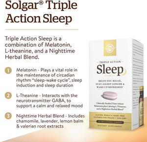 Solgar Triple Action Sleep, 60 Tri-Layer Tablets - Time-Release Melatonin & L-Theanine Plus Herbal Blend - Helps You Relax, Fall Asleep Fast & Stay Asleep Longer - Non-GMO, Gluten Free - 60 Servings