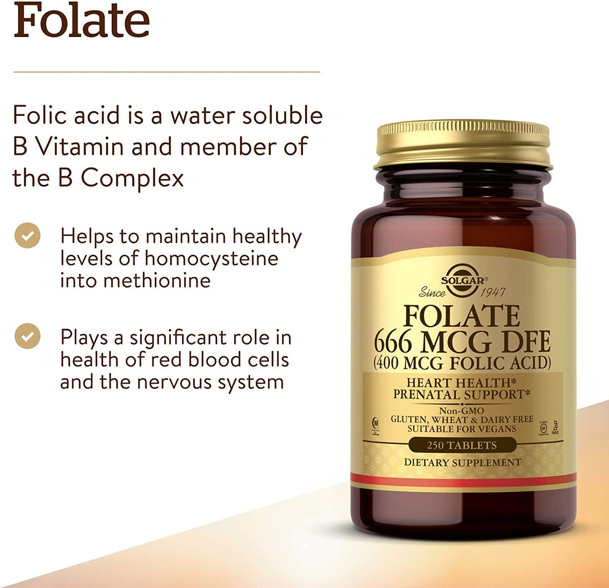 Solgar Folate 666 mcg DFE (Folic Acid 400 mcg) - 250 Tablets - Prenatal Support - Non-GMO, Vegan, Gluten Free, Dairy Free, Kosher - 250 Servings