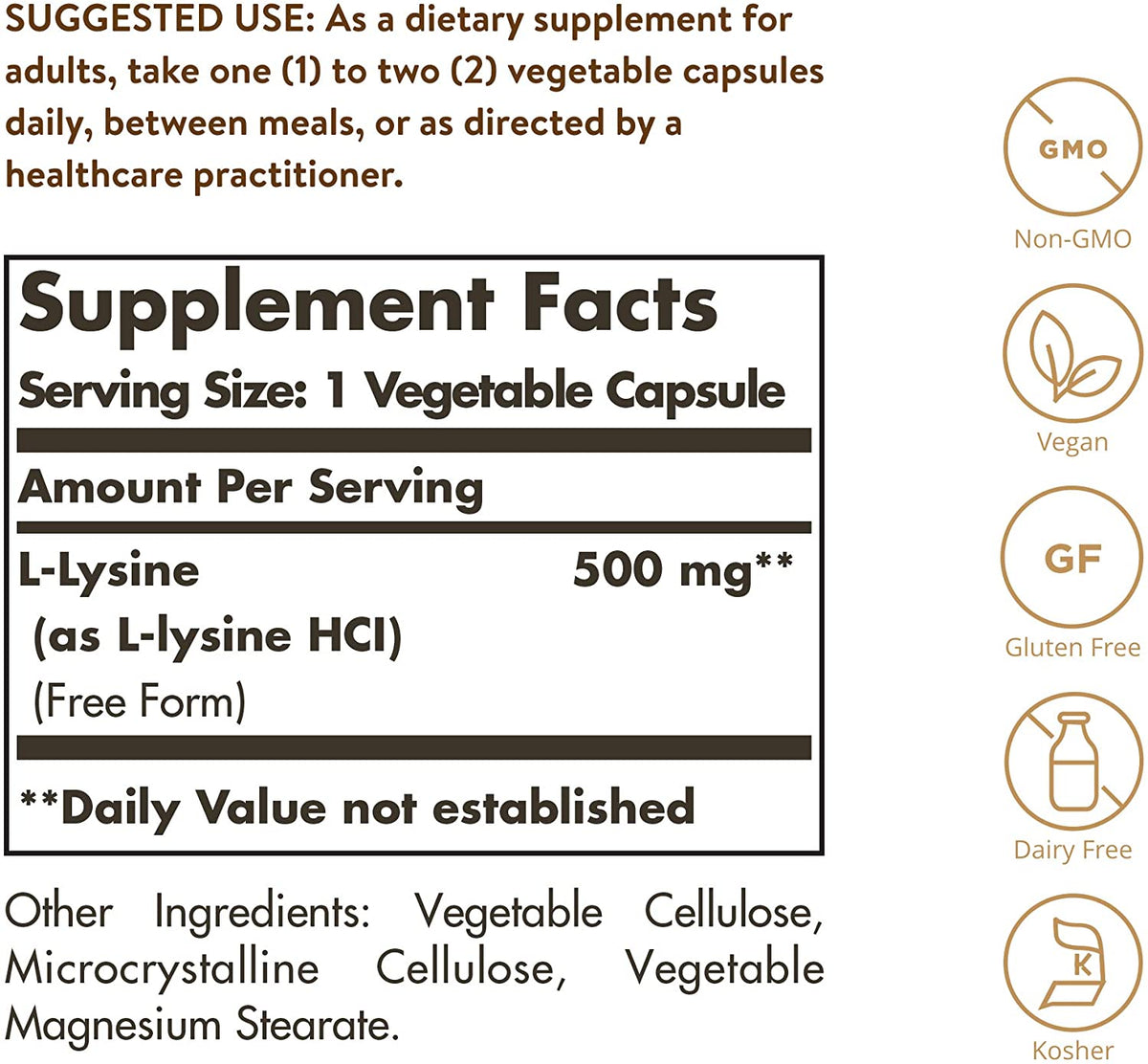 Solgar L-Lysine 500 mg - 100 Vegetable Capsules - Skin &amp; Tissue Support - Non-GMO, Vegan, Kosher, Gluten Free - 100 Servings