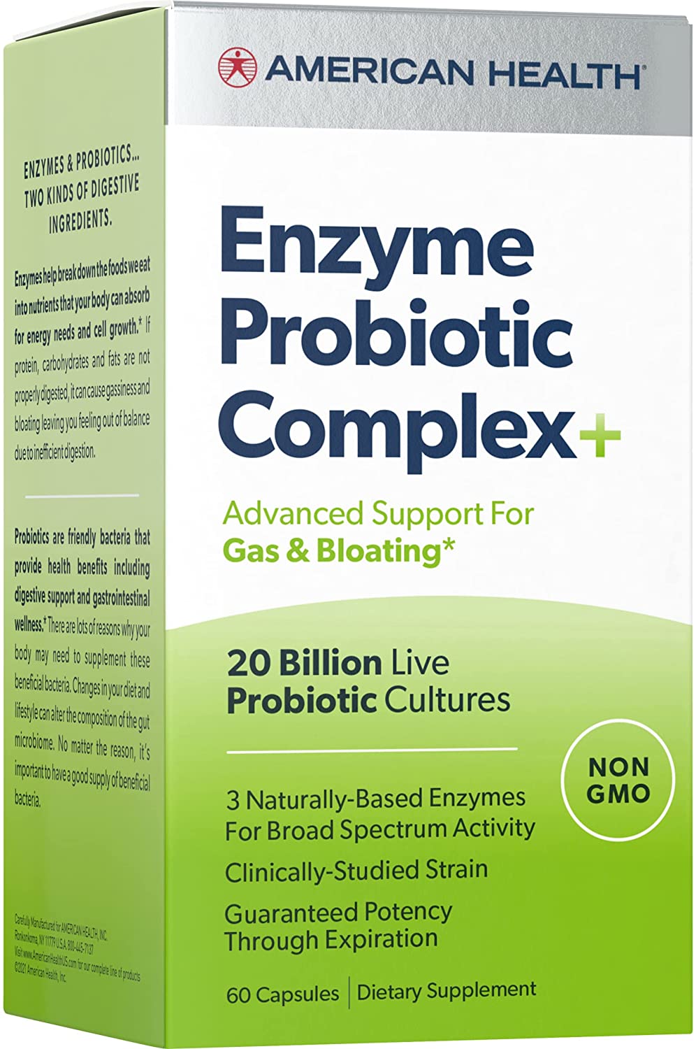 American Health Enzyme Probiotic Complex Plus, 20 Billion Microorganisms - Clinically Studied Strain - Advanced Support for Gas &amp; Bloating* - Non-GMO - 60 Capsules, 60 Total Servings