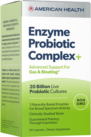 American Health Enzyme Probiotic Complex Plus, 20 Billion Microorganisms - Clinically Studied Strain - Advanced Support for Gas & Bloating* - Non-GMO - 60 Capsules, 60 Total Servings