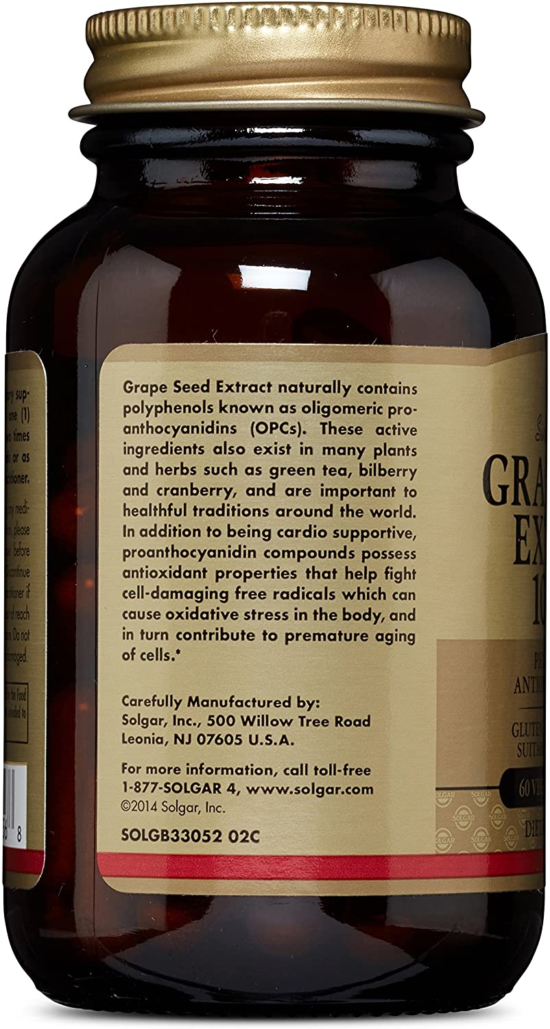 SOLGAR Grape Seed Extract 100 mg, 60 Vegetable Capsules - Phytonutrient Antioxidant Support - Vegan, Gluten Free, Dairy Free - 60 Servings