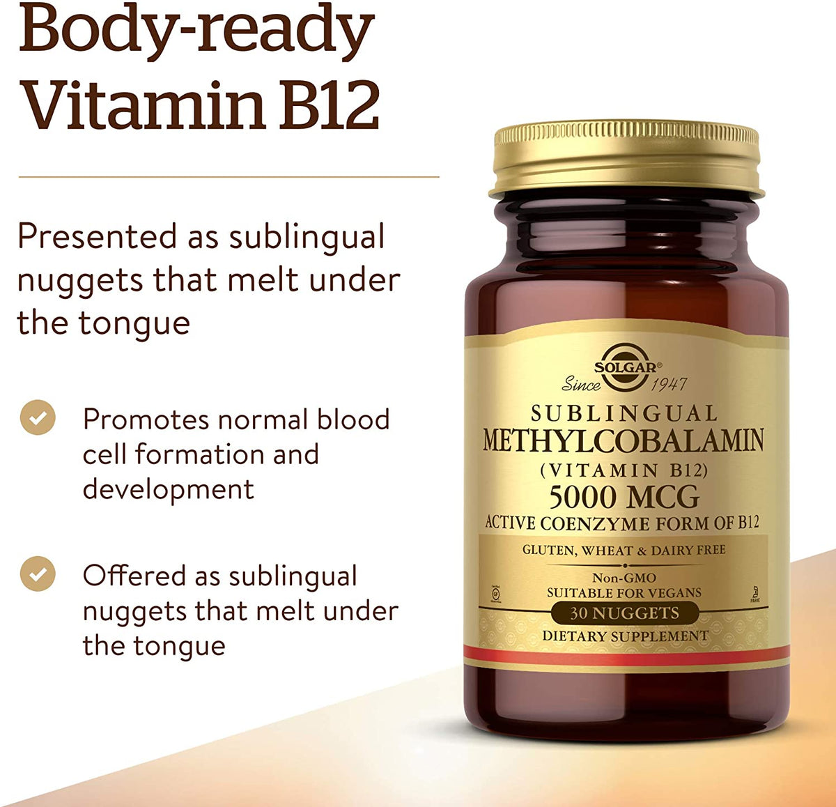 Solgar Methylcobalamin (Vitamin B12) 5000 mcg, 30 Nuggets - Supports Energy Metabolism - Body-Ready, Active Form of B12 - Vitamin B - Non GMO, Vegan, Gluten, Dairy Free, Kosher - 30 Servings