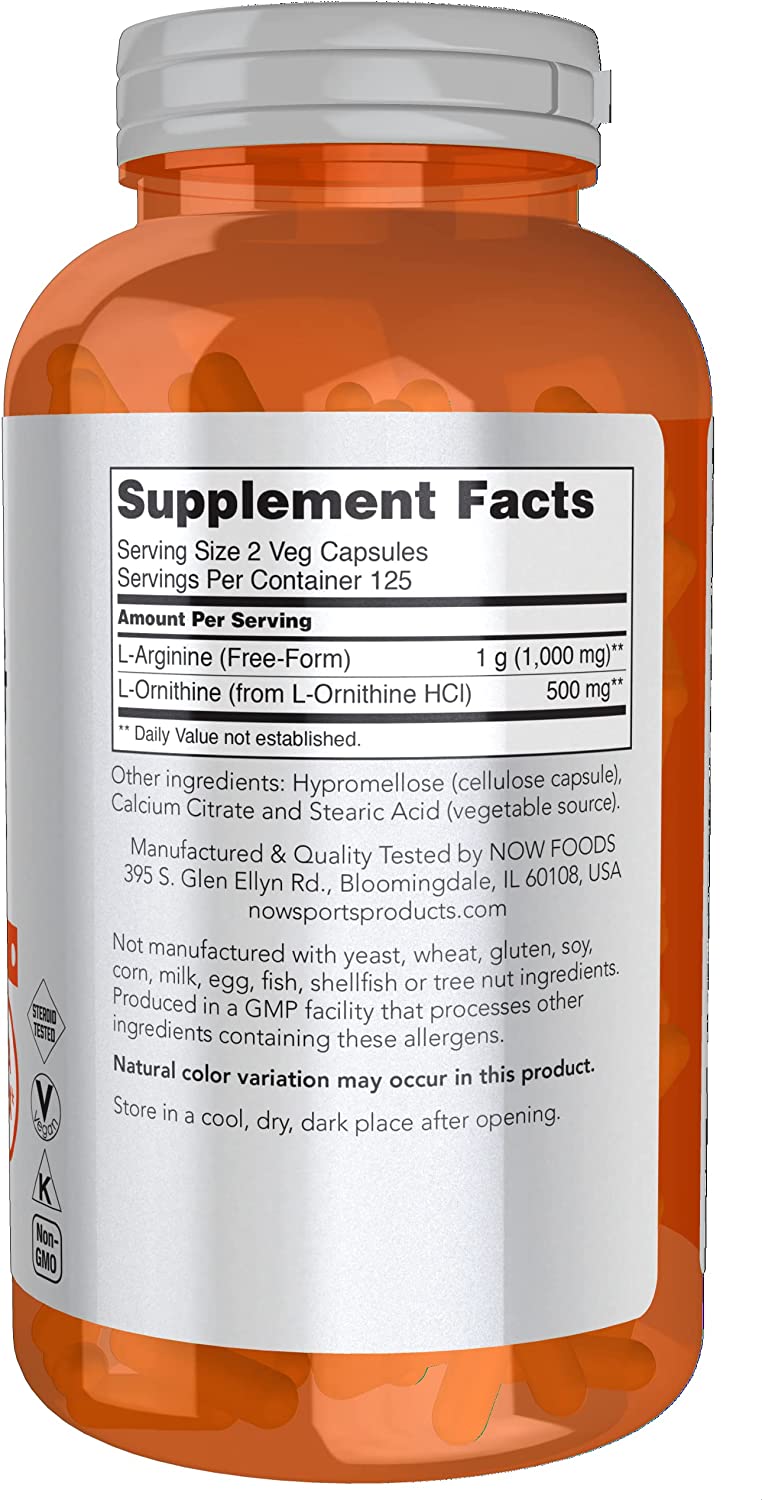 NOW Foods Sports Nutrition, Arginine &amp; Ornithine 500/250 mg, Amino Acids, 250 Veg Capsules