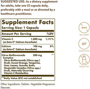 Solgar Ester-C Plus 1000 mg Vitamin C with Citrus Bioflavonoids - 100 Capsules - Gentle & Non Acidic - 24-Hour Immune Support, Supports Upper Respiratory Health - Non-GMO, Gluten Free - 100 Servings