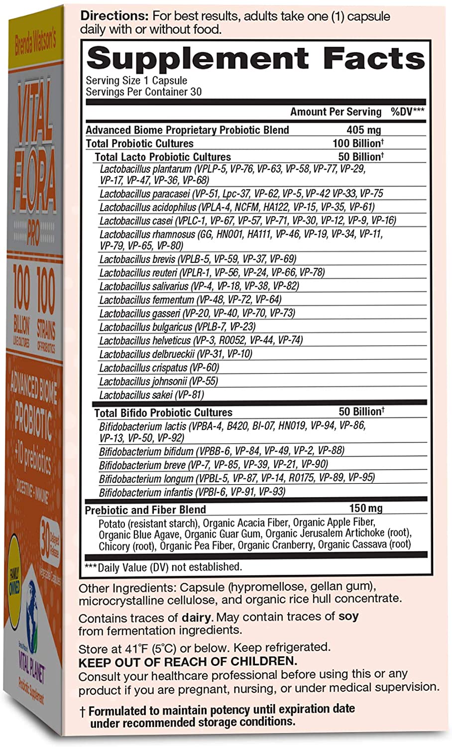 Vital Planet - Vital Flora Advanced Probiotic Supplement with 100 Billion Cultures and 100 Strains, High Potency and Strain Diversity Probiotics for Women and Men with Organic Prebiotics, 30 Capsules