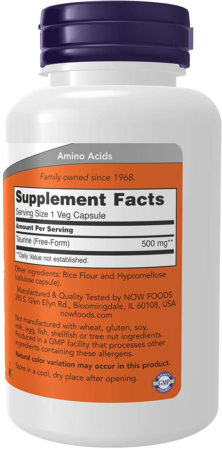 NOW Supplements, Taurine 500 mg, Nervous System Health*, Amino Acid, 100 veg Capsules
