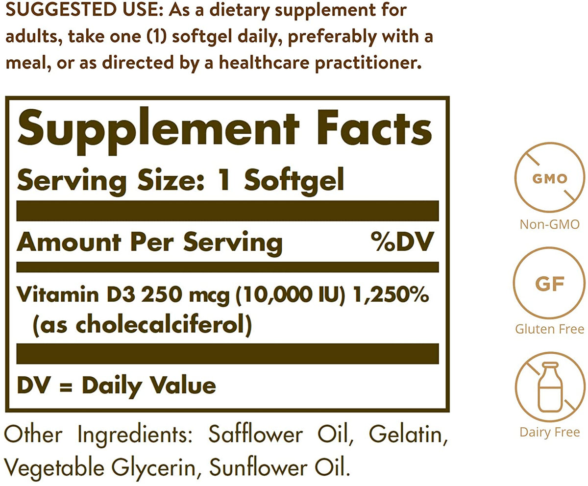 Solgar Vitamin D3 (Cholecalciferol) 250 MCG (10,000 IU), 120 Softgels - Helps Maintain Healthy Bones & Teeth - Immune System Support - Non GMO, Gluten/ Dairy Free - 120 Servings
