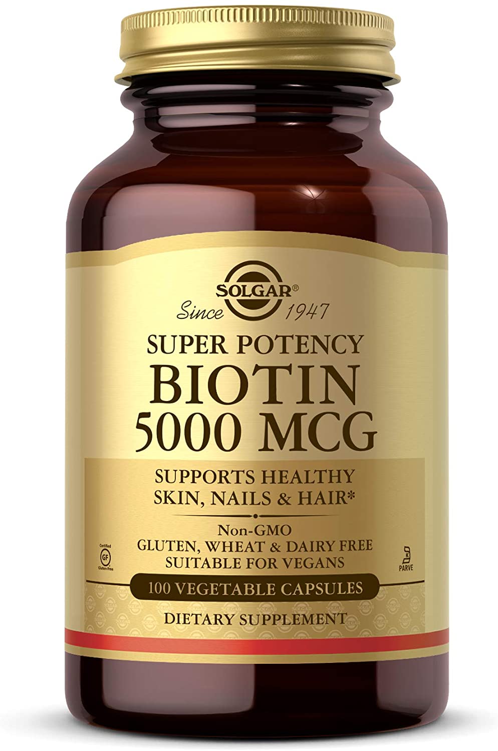 Solgar Biotin 5000 mcg - Promote Healthy Skin, Nails &amp; Hair - Supports Energy Production, Protein, Carbohydrate &amp; Fat Metabolism - Vitamin B - Non GMO, Vegan, Gluten Free - 100 Servings, Unflavored, Standard Packaging, 100 Count