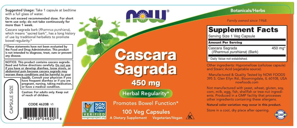 NOW Foods Supplements, Cascara Sagrada (Rhamnus purshiana) 450 mg, Herbal Regularity*, 100 Veg Capsules