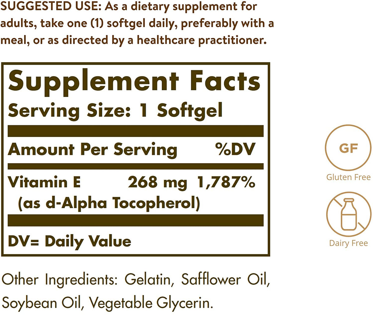 Solgar Vitamin E 268 mg (400 IU), 250 Alpha Softgels - Natural Antioxidant, Skin &amp; Immune System Support - Naturally-Sourced Vitamin E - Gluten Free, Dairy Free - 250 Servings