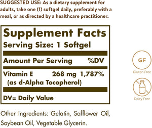 Solgar Vitamin E 268 mg (400 IU), 250 Alpha Softgels - Natural Antioxidant, Skin & Immune System Support - Naturally-Sourced Vitamin E - Gluten Free, Dairy Free - 250 Servings