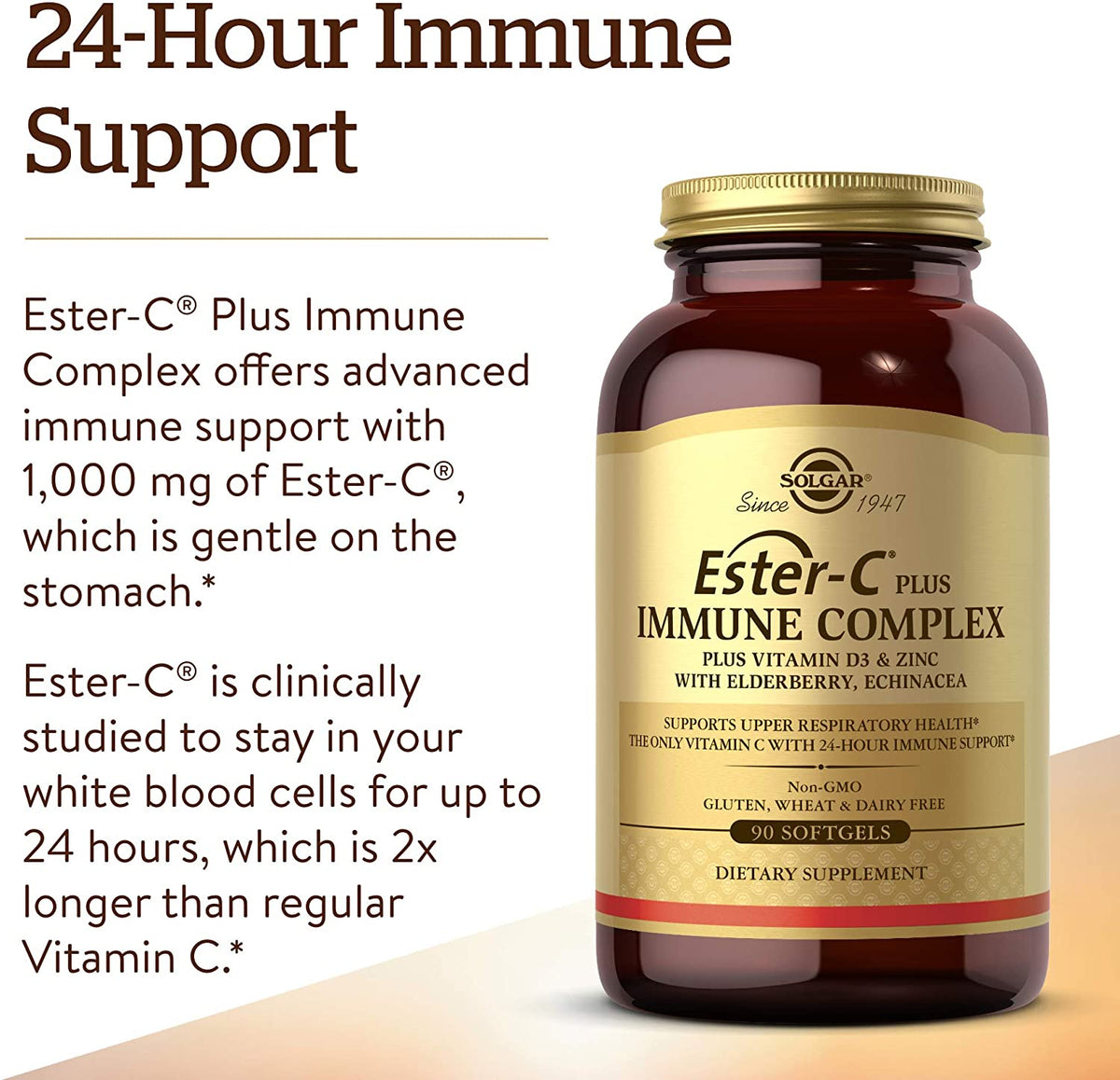 Solgar Ester-C Plus Immune Complex, 24-Hour Immune Support, Supports Upper Respiratory Health - Plus D3, Zinc, Elderberry &amp; Echinacea - Non-GMO, Gluten Free, Dairy Free - 45 Servings, 90 Softgels