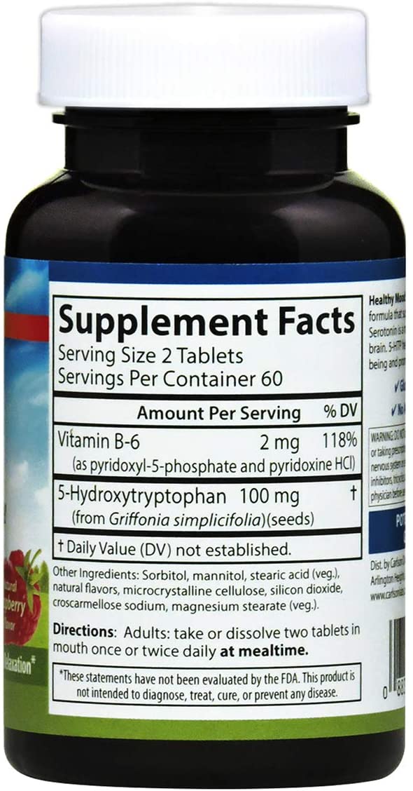Carlson - Healthy Mood 5-HTP Elite, 100 mg, Serotonin Production, Healthy Mood &amp; Promotes Relaxation, Natural Raspberry Flavor, 120 Tablets