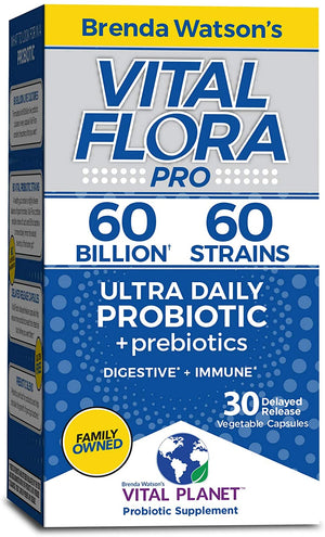 Vital Planet - Vital Flora Ultra Daily Probiotic Supplement with 60 Billion Cultures and 60 Strains, High Potency and Strain Diversity Probiotics for Women and Men with Organic Prebiotics, 30 Capsules