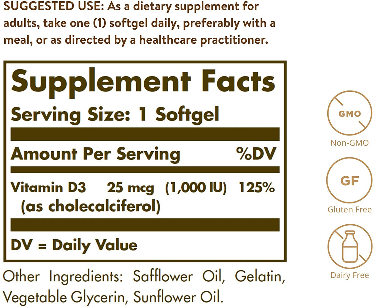 Solgar Vitamin D3 Cholecalciferol 25 MCG 1000 IU Softgels Helps Maintain Healthy Bones Teeth Immune System Support NonGMO Gluten Free Dairy Free Servings, Unflavored, 250 Count