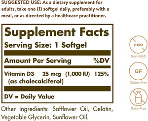 Solgar Vitamin D3 Cholecalciferol, 25 mcg, 250 Softgels