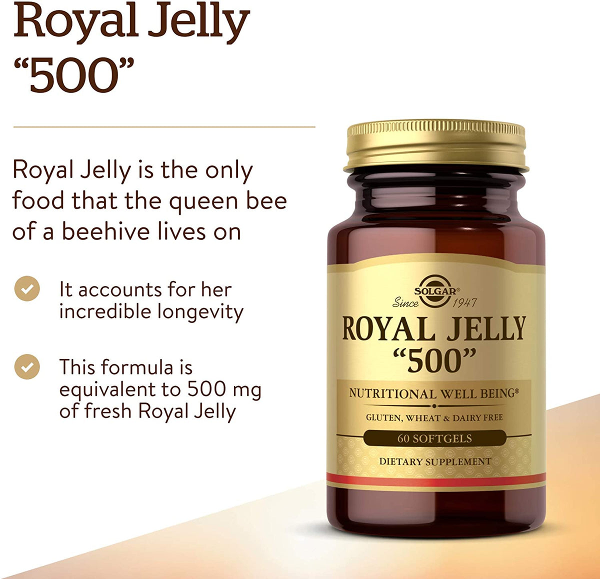 Solgar Royal Jelly &quot;500&quot;, 60 Softgels - Nutritional Well Being - Natural Source of Vitamins, Minerals, Amino Acids, Proteins &amp; Carbohydrates - Gluten Free, Dairy Free - 60 Servings