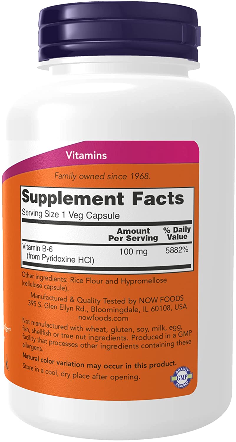 NOW Foods Supplements, Vitamin B-6 (Pyridoxine HCl) 100 mg, Cardiovascular Health, 250 Veg Capsules