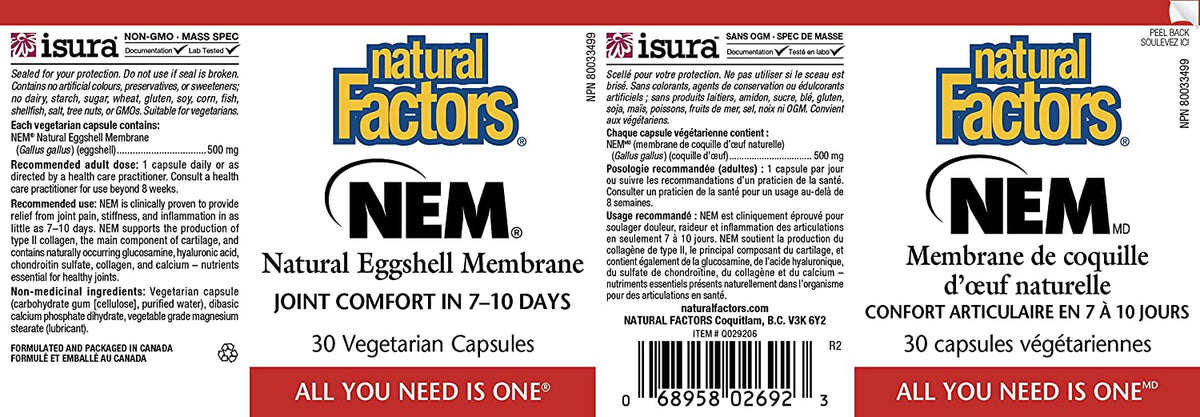 NEM Natural Eggshell Membrane, Promotes Joint Comfort and Flexibility with Collagen, Chondroitin and Hyaluronic Acid, 30 capsules (30 servings)
