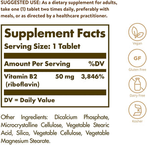 Solgar Vitamin B2 Riboflavin, 50 mg, 100 Tablets