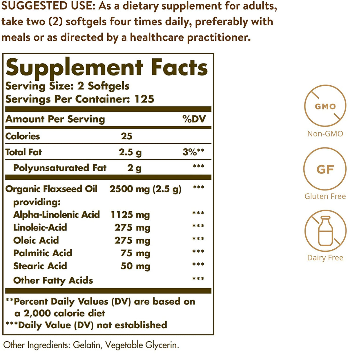 Solgar Flaxseed Oil, 1250 mg, 250 Softgels