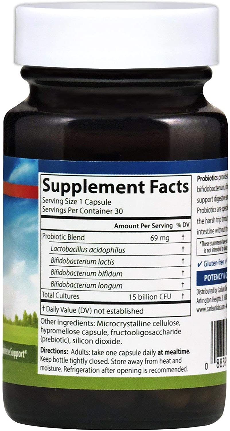 Carlson - Probiotics, 15 Billion CFU, Lactobacillus &amp; Bifidobacteria, Digestive Health, Gastrointestinal Health &amp; Immune Support, 30 Vegetarian Capsules