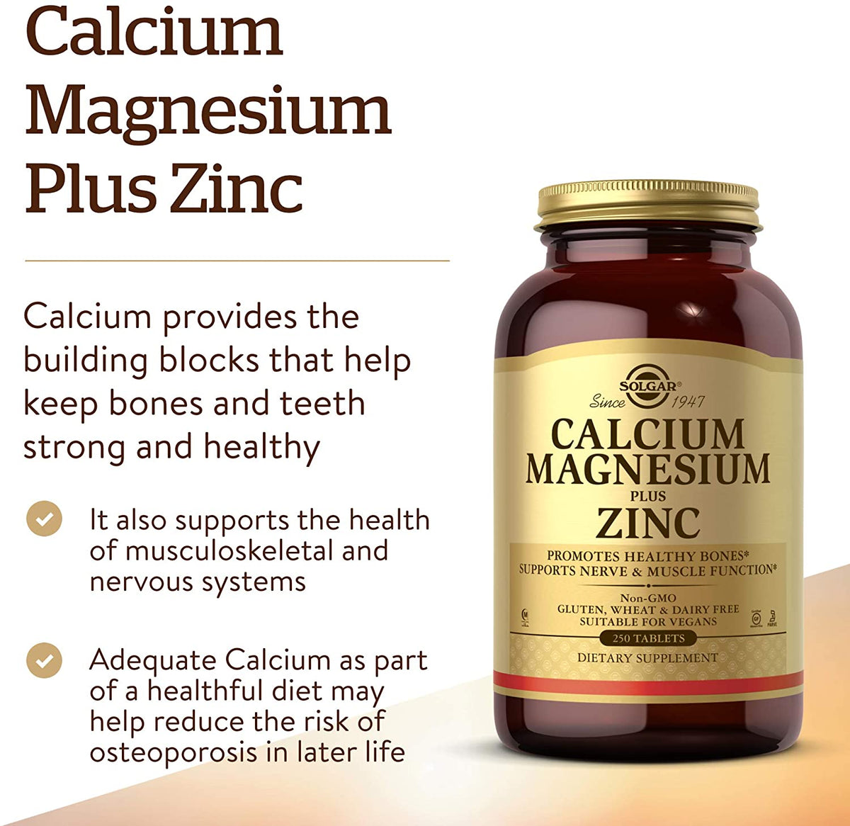 Solgar Calcium Magnesium Plus Zinc, 250 Tablets - Promotes Healthy Bones and Teeth - Supports Nerve &amp; Muscle Function - Non GMO, Vegan, Gluten Free, Dairy Free, Kosher, Halal - 83 Servings