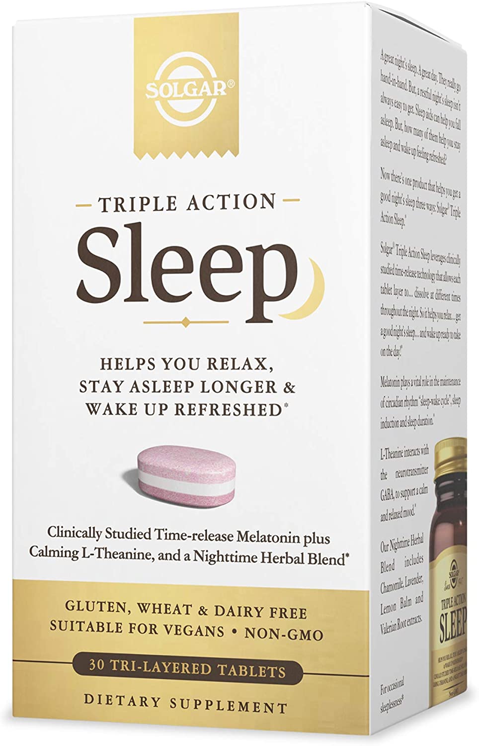 Solgar Triple Action Sleep, 30 Tri-Layer Tablets - Time-Release Melatonin &amp; L-Theanine Plus Herbal Blend - Helps You Relax, Fall Asleep Fast &amp; Stay Asleep Longer - Non-GMO, Gluten Free - 30 Servings