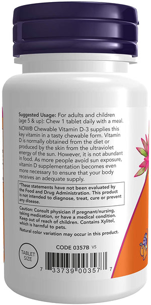 NOW Foods Vitamin D-3 Chewable Natural Fruit, 1000 IU, 180 Chewables