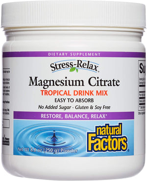 Stress-Relax Magnesium Citrate Drink Mix by Natural Factors, Restores Normal Levels of Magnesium & Balances Calcium Intake, Non-GMO, Tropical Flavor, 8...