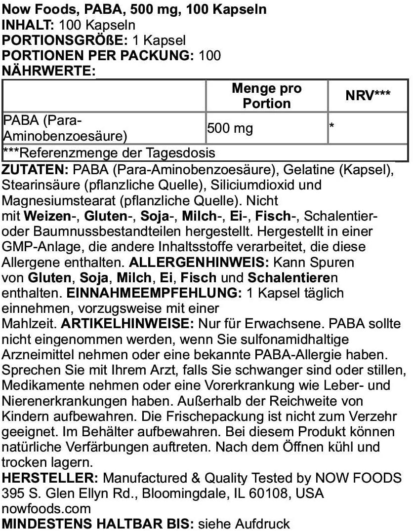 PABA (Para-Aminobenzoic Acid) 500 mg, B-Complex Family, 100 Capsules