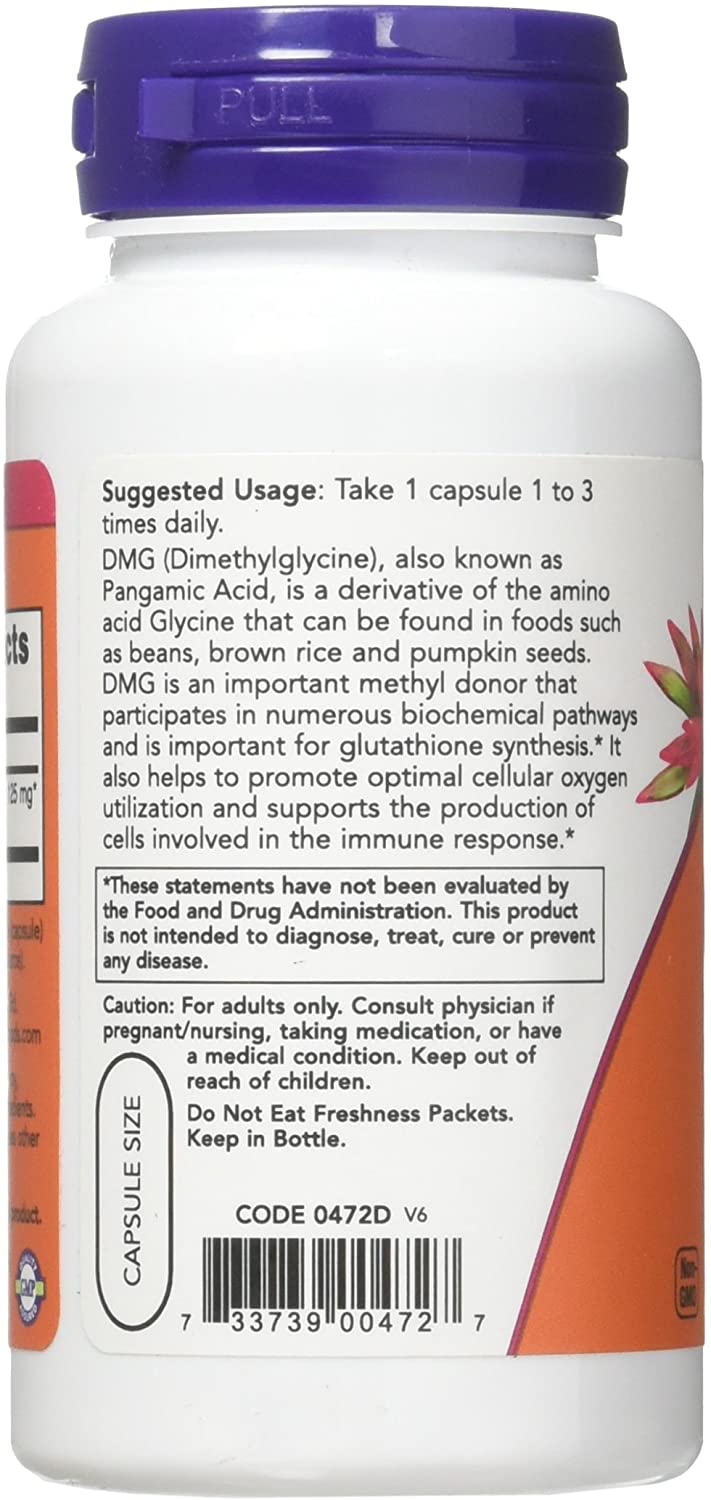 NOW Foods Supplements, DMG (N-Dimethyl Glycine) 125 mg, Nutritional Support, 100 Veg Capsules