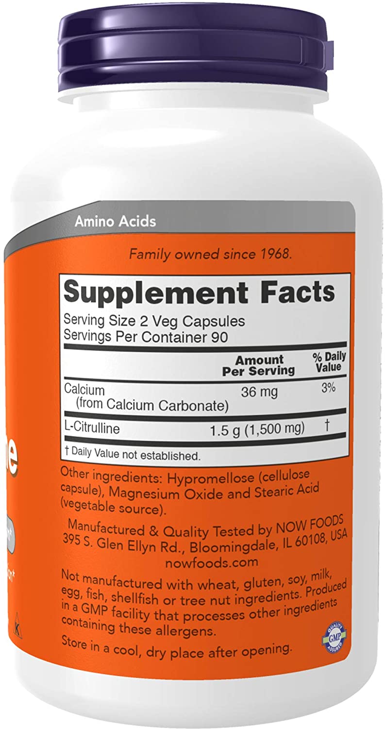 NOW Foods Supplements, L-Citrulline 750 mg, Supports Protein Metabolism*, Amino Acid, 180 Veg Capsules