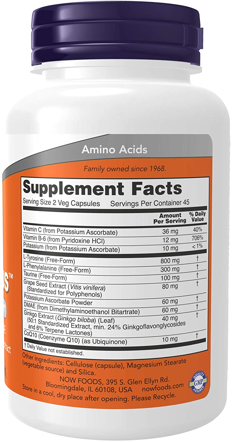 NOW Foods Supplements, True Focus™ with Amino Acids, Ginkgo, DMAE + CoQ10 and Grape Seed Extract , 90 Veg Capsules