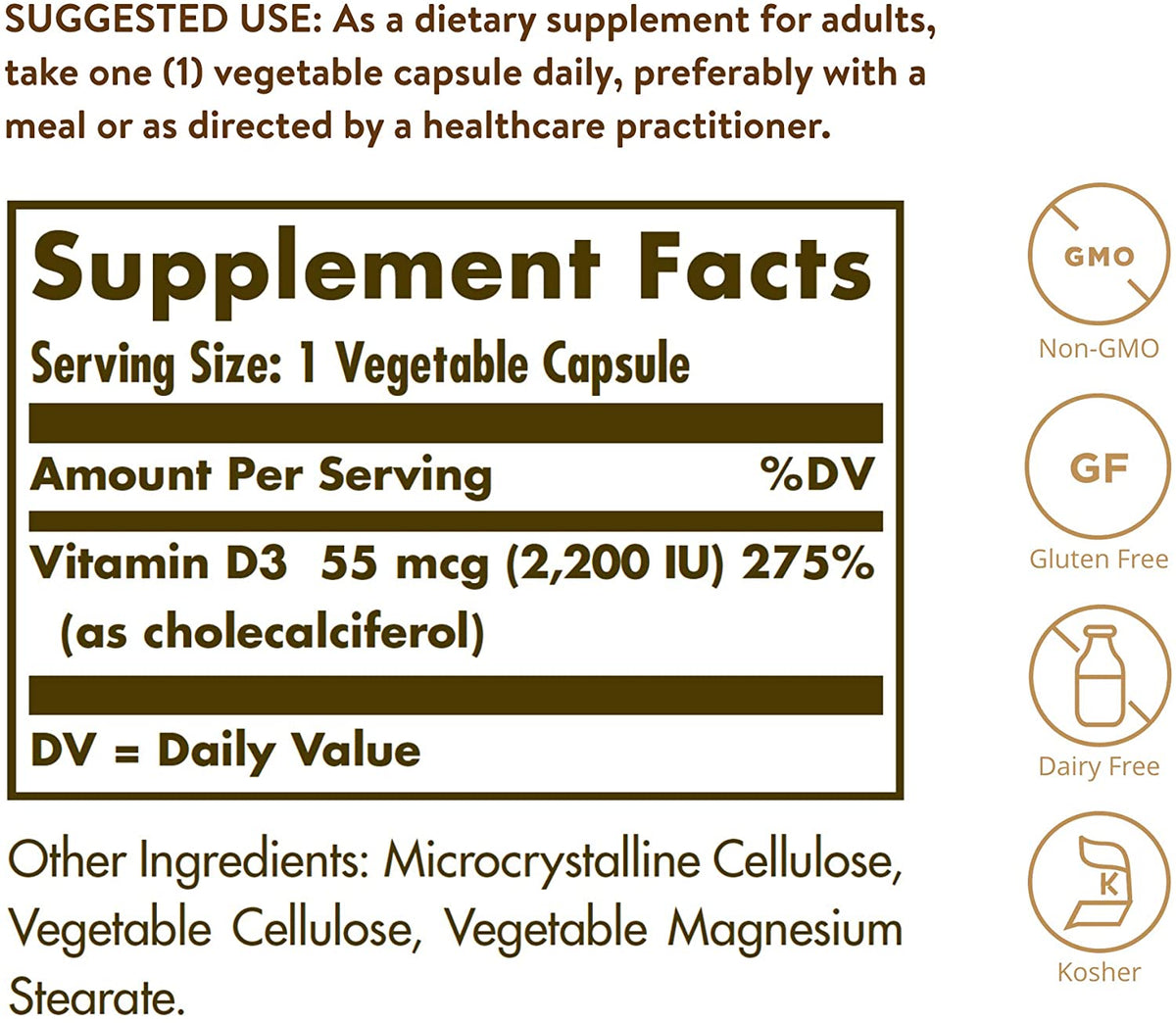 Solgar Vitamin D3 (Cholecalciferol) 55 mcg (2200 IU), 100 Vegetable Capsules - Helps Maintain Healthy Bones &amp; Teeth - Immune System Support - Non-GMO, Gluten Free, Dairy Free, Kosher - 100 Servings