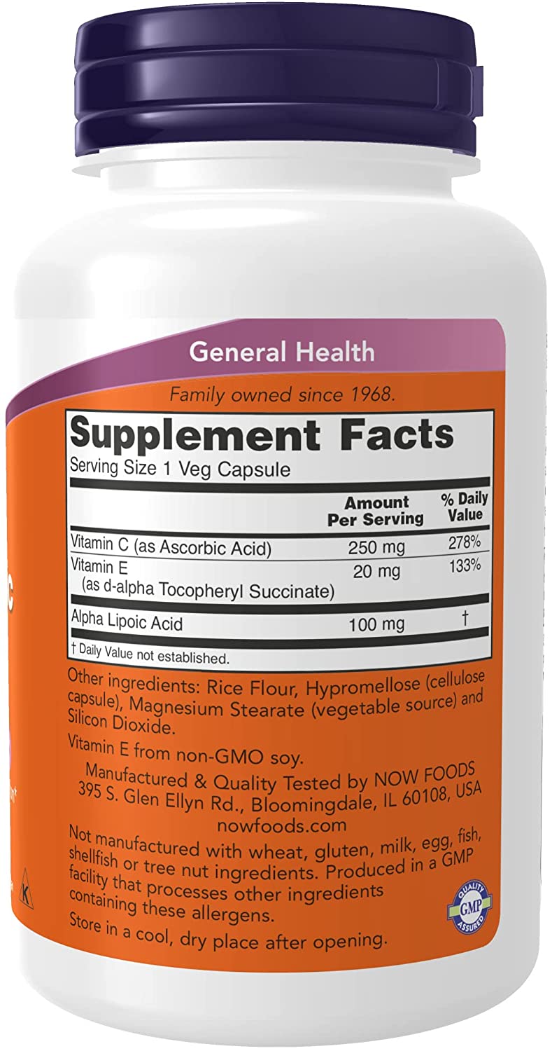 NOW Supplements, Alpha Lipoic Acid 100 mg with Vitamins C &amp; E, Free Radical Scavenger*, 120 Veg Capsules