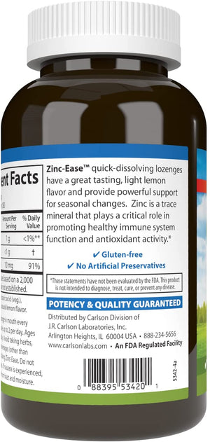 Carlson - Zinc-Ease, Soothing Lozenge, Immune Support & Optimal Wellness, Antioxidant, Lemon, 180 Lozenges